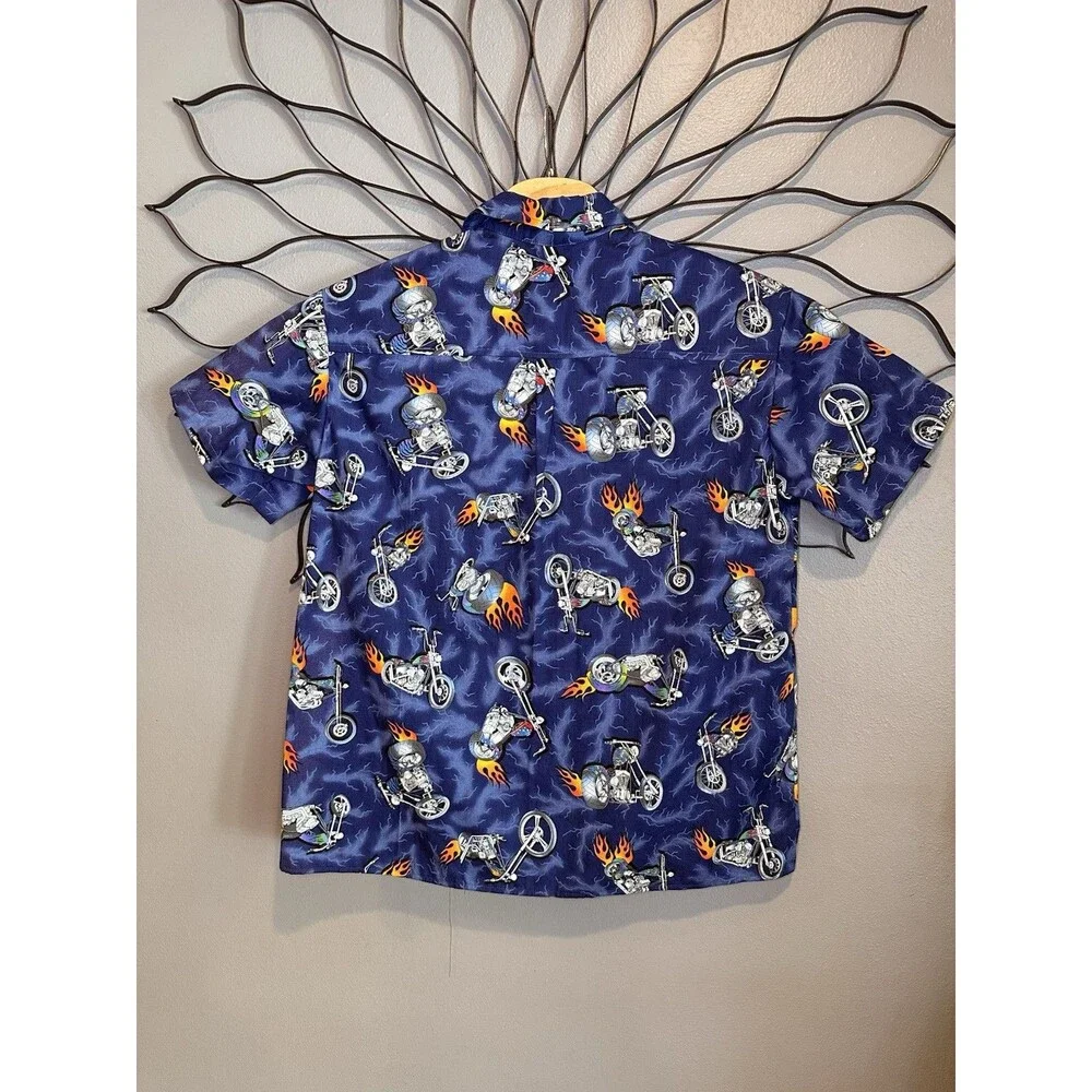 Biker‎ Motorcycle in fire print all over Pattern HiP Hop  Bbq  Motto fire Mens - Picture 2 of 9